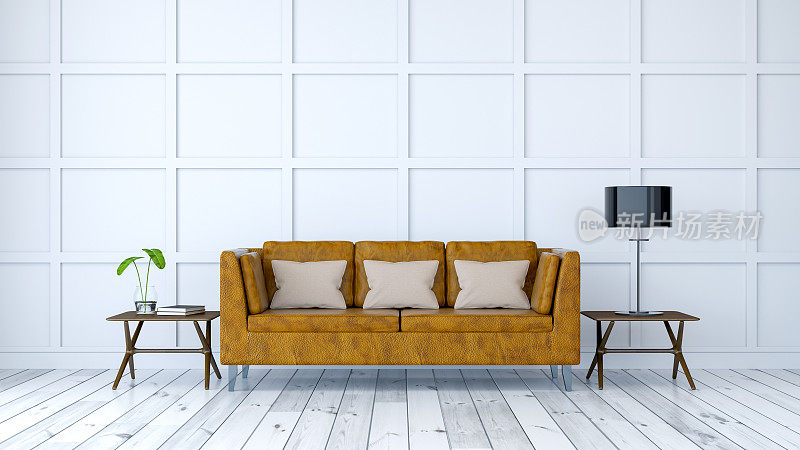 简约的室内设计，白色墙壁的旧皮沙发，3d渲染