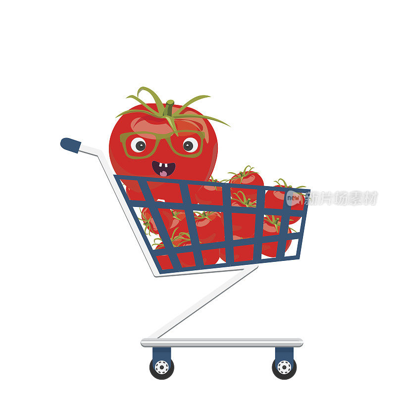 矢量插图西红柿节:新鲜的红色西红柿在手推车或购物车隔离。