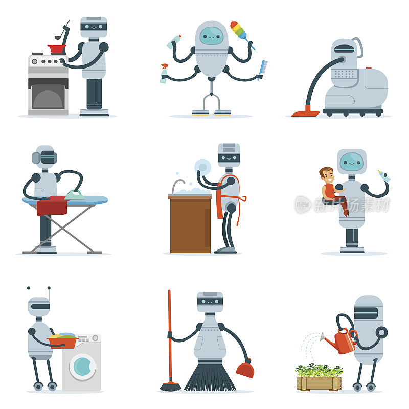 家政家政机器人做家庭清洁和其他责任的未来插画与仆人Android系列