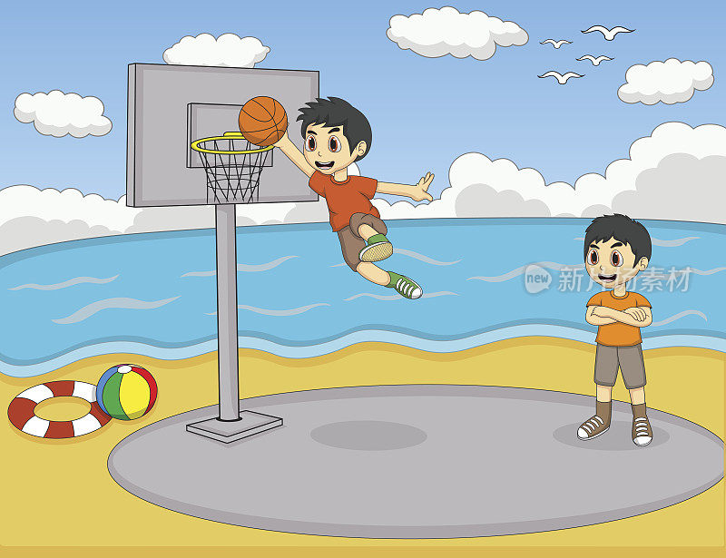 孩子们在沙滩上打篮球