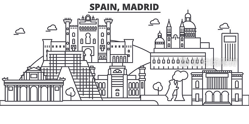 西班牙，马德里建筑线天际线插图。线性向量的城市景观与著名的地标，城市景观，设计图标。风景与可编辑的笔触