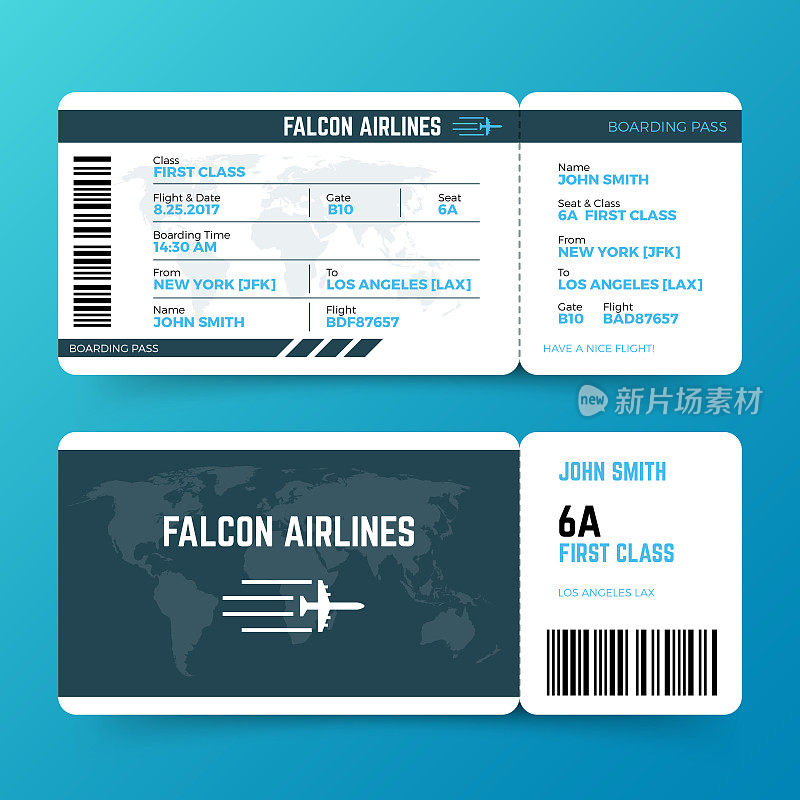 现代航空旅行登机牌机票矢量模板
