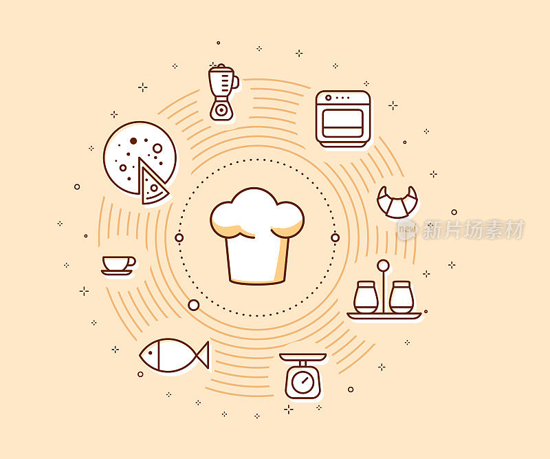 灯光背景下的创意烹饪理念。矢量插图的厨师帽与食物图标。