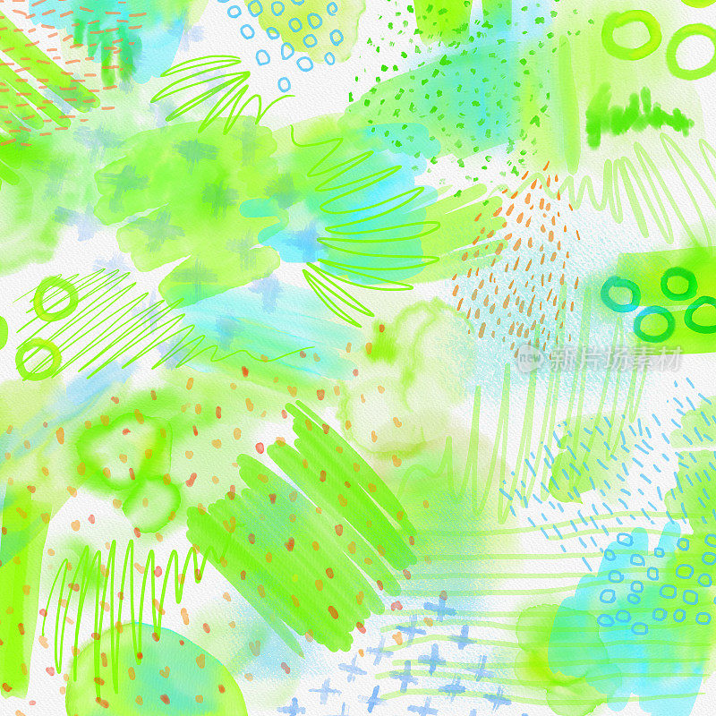 水彩飞溅抽象的春天几何背景。春天的背景在浅绿色和蓝色的颜色与手绘飞溅，线条和纹理。亮泉几何图形