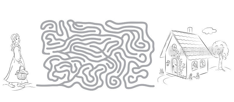 迷宫游戏，涂色页的孩子与小红帽和房子的图片。