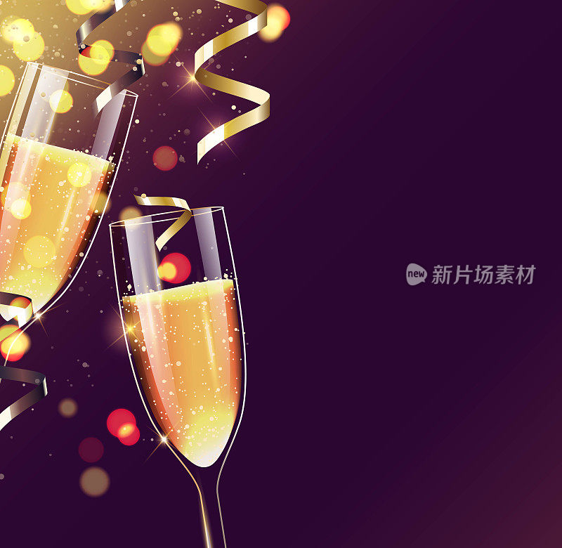 两杯香槟配上闪闪发光的假日背景。