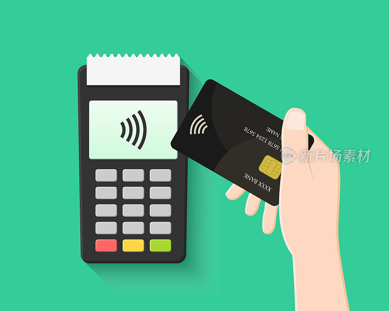 平面设计的非接触式无线支付卡。使用NFC技术的POS终端和交易。