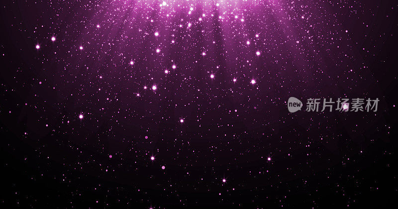 抽象的紫色闪光粒子背景与闪亮的星星下落和光耀斑或眩光叠加效果以上的豪华高档产品设计模板背景。魔法光光辉