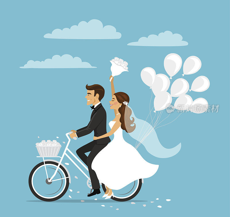 刚刚结婚的新婚夫妇和新郎骑着气球自行车