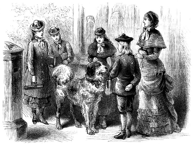 维多利亚时代的版画，故事描述一位女士和一群孩子站在街道上的一只大圣伯纳犬的周围;19世纪的故事插图1883年