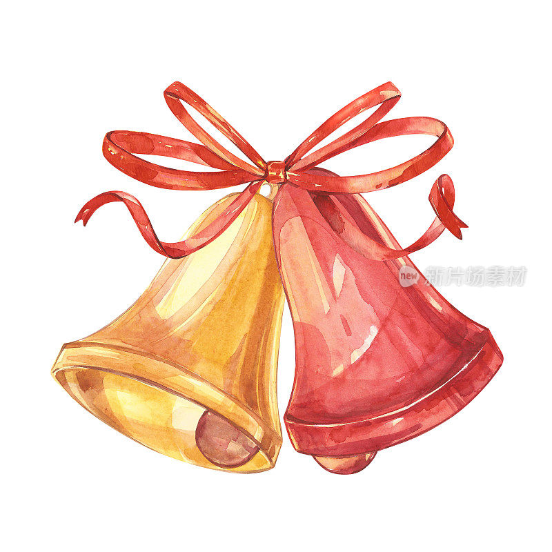插图在水彩风格的铃铛和蝴蝶结。孤立在白色背景上。圣诞贺卡的传统元素。