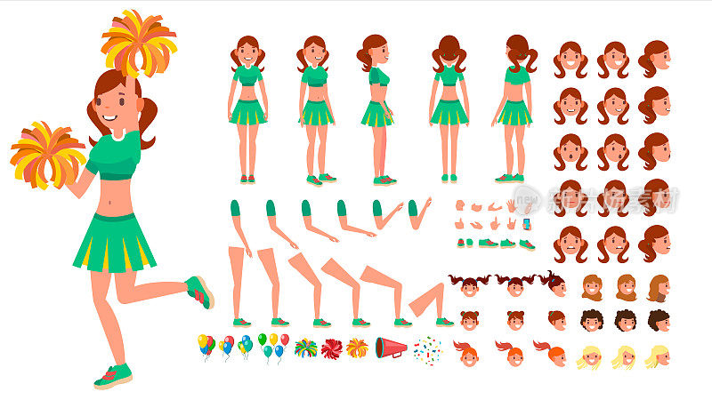 拉拉队女孩向量。动画角色创建集。体育迷跳舞拉拉队员。采购产品全长，前，侧，后视图，配件，姿势，面部情绪，手势。独立平面卡通插图