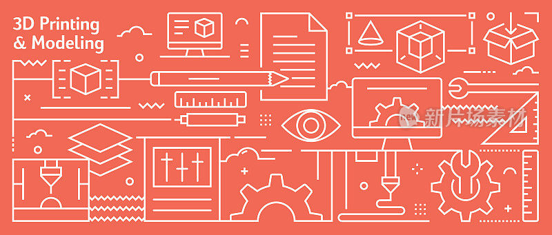 矢量3D打印和建模旗帜设计在新潮的线性风格。线条艺术风格抽象图案网页，横幅，展示