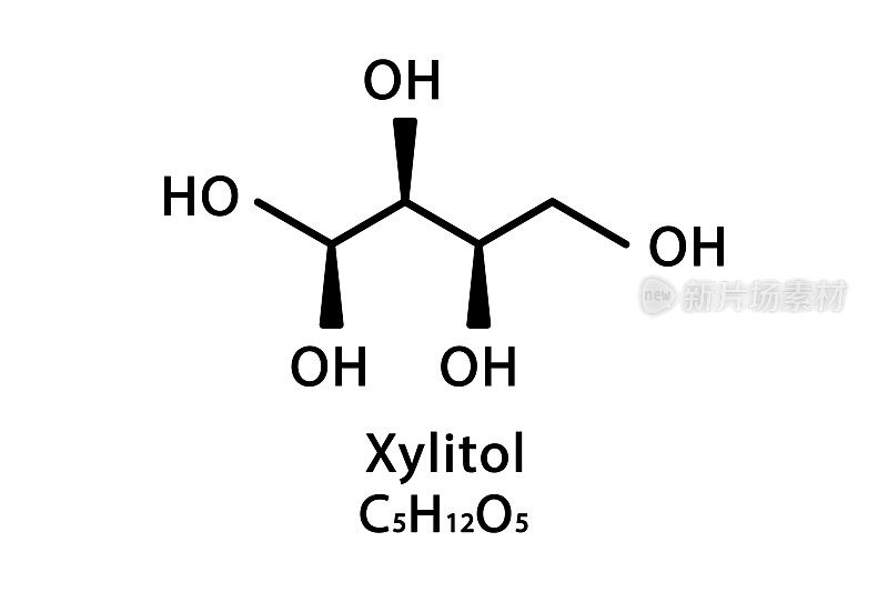 木糖醇分子结构。木糖醇骨架化学式。化学分子式矢量图