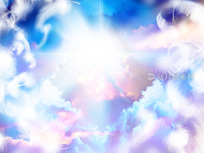 神圣之光透过云海的缝隙照耀的插图，透过白色的羽毛从天堂上飘落。