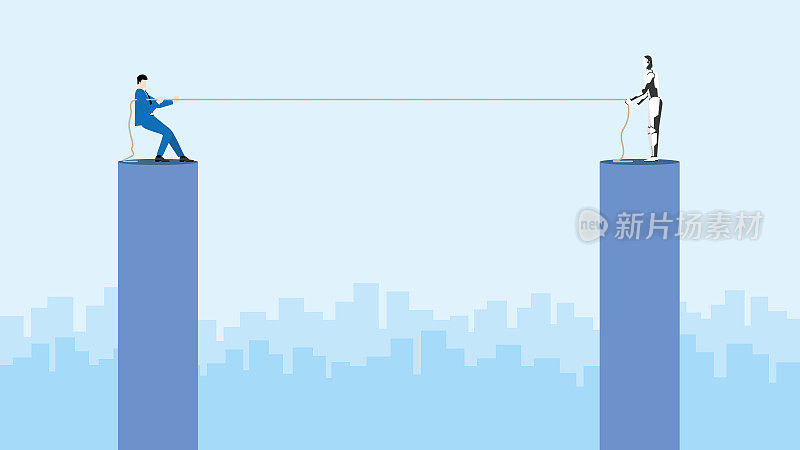商业竞争与网络技术对抗的概念。一名商人和一个机器人通过拔河绳争夺一个位置。人类与机器人在工作日竞争的冲突。