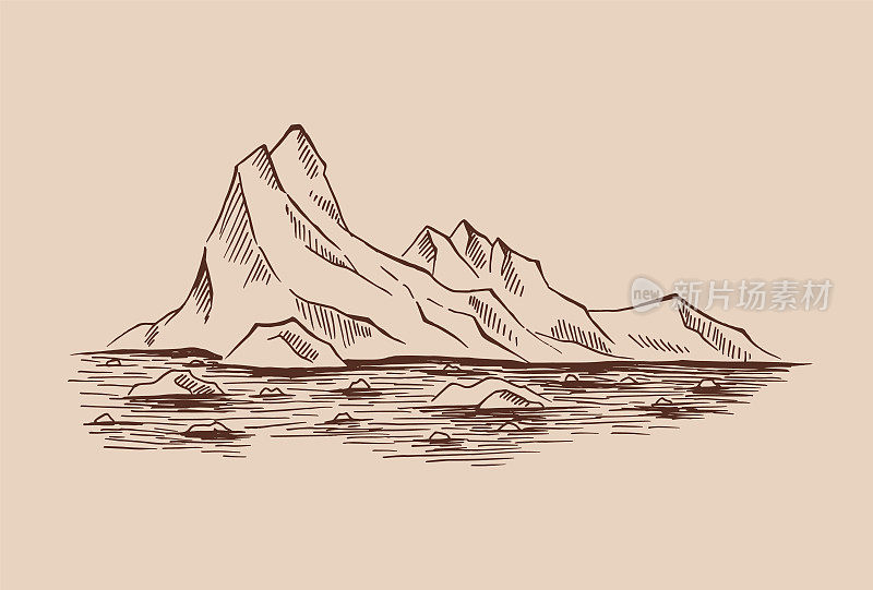 北极景观。冰冷的坐骑,冰山一角。手绘插图转换为矢量。