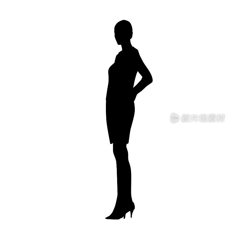 女人站着，侧视。孤立的矢量剪影。穿着正式服装的年轻女商人