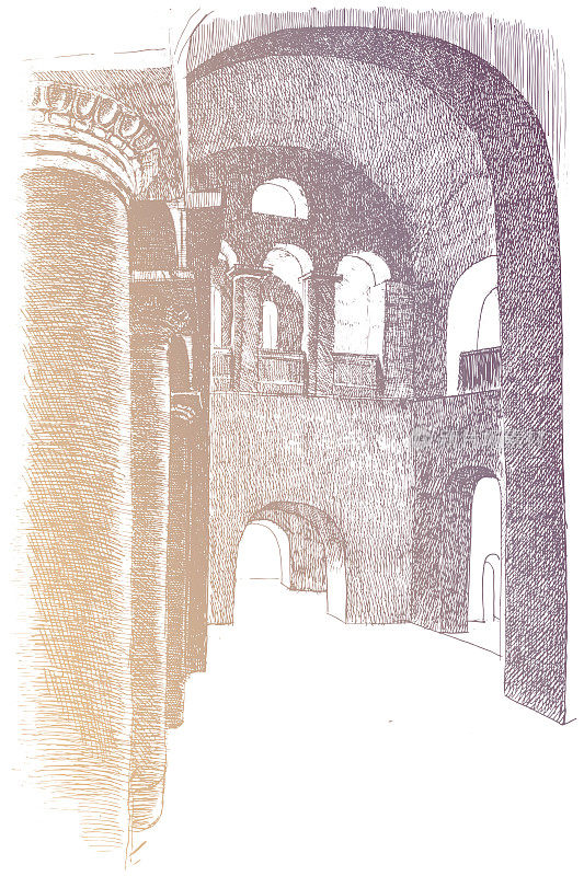 金色矢量描画手绘墨水和钢笔在切尔尼hiv古老东正教教堂的内部草图