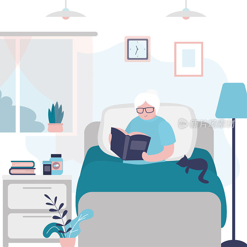 奶奶在舒适的床上看书。老妇人在早上读书。奶奶和猫坐在家里的床上，享受着自己的爱好。卧室内部配有家具。