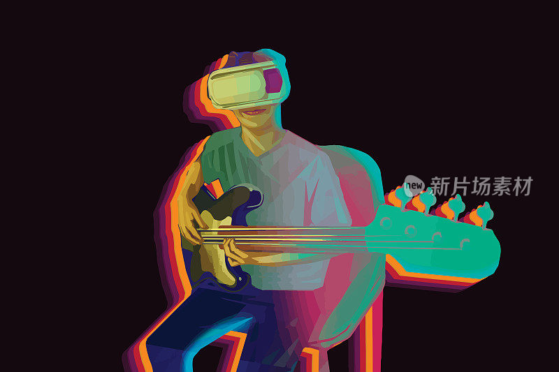 男孩边弹吉他边看虚拟现实