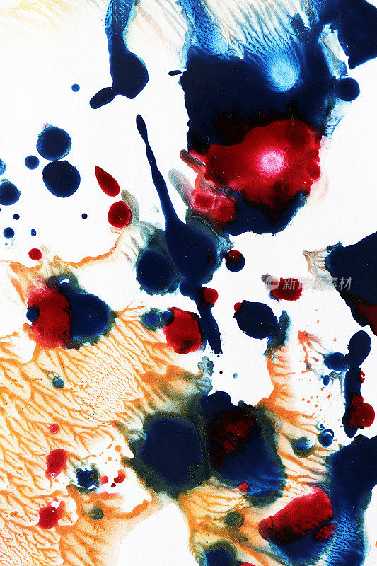 油墨、油漆、抽象。特写蓝，红，黄抽象画背景。高质感的油漆。