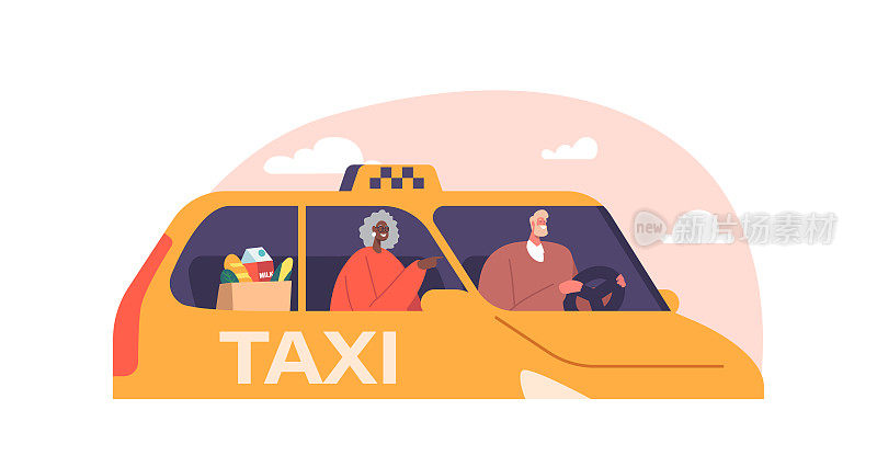 老太太或老奶奶与杂货袋使用出租车汽车服务。司机和老妇人坐在前座