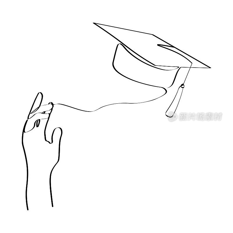 一条线的艺术与学生抛起他的毕业帽。时髦的一条线画设计图形矢量插图。
