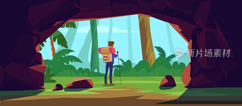 背着背包的人在树林里的石洞里徒步，平矢量插画。