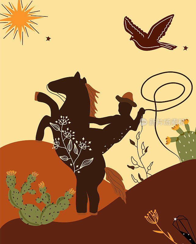 狂野西部的海报，一个牛仔骑着马在沙漠里，仙人掌，老鹰。更古老的西部平原风格。矢量插图。