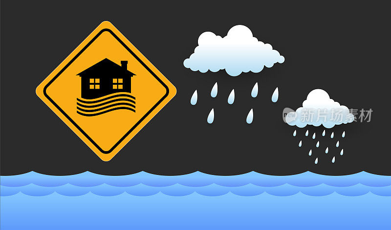 洪水区域标志，自然灾害与房屋，暴雨和风暴，破坏与家园，云和雨，洪水在城市，淹了房子。