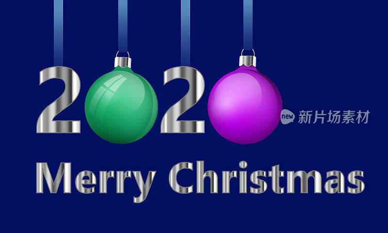 圣诞快乐贺卡设计。数字2020与零圣诞球，现实的绿色和粉红色的玻璃圣诞球。3d挂在丝带上的小玩意儿。矢量插图。深蓝色的背景