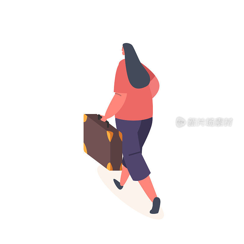 女性旅游人物与行李后视图。女人提着行李箱走路。旅行，旅行，登机