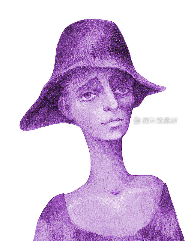 插图肖像铅笔画在紫色男孩帽子孤立在白色背景