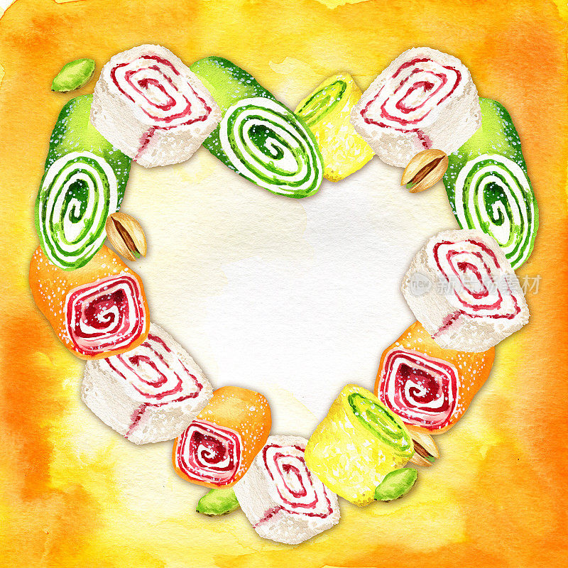 东方糖果水彩心形框架，水彩背景上的多色拉哈特鲁库姆，东方糖果，传统土耳其糖果的插图，素描