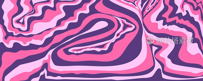 波浪y2k背景的复古设计。液体绝妙的大理石粉色背景。紫色的千年虫图案搭配现代风格的粉色。迷幻的复古波浪壁纸。