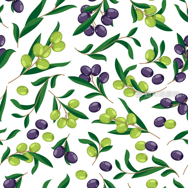 橄榄的模式。无缝背景与橄榄树的分支，地中海水果的卡通印花包装纸，纺织品，织物。矢量纹理