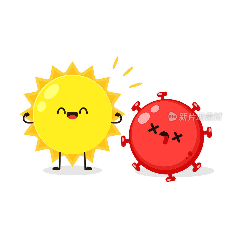 太阳卡通矢量。夏日阳光杀死和降低冠状病毒感染率COVID-19疫情危机概念，炎热的阳光照射和燃烧融化COVID-19冠状病毒。
