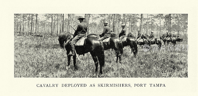 美国陆军骑兵作为小规模部队部署在坦帕港，美西战争时期，1890年，19世纪