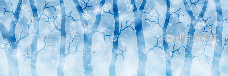 风格化的冬季森林，雪景全景