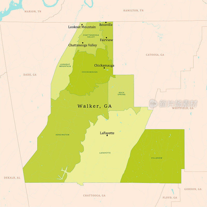 GA沃克县矢量地图，绿色