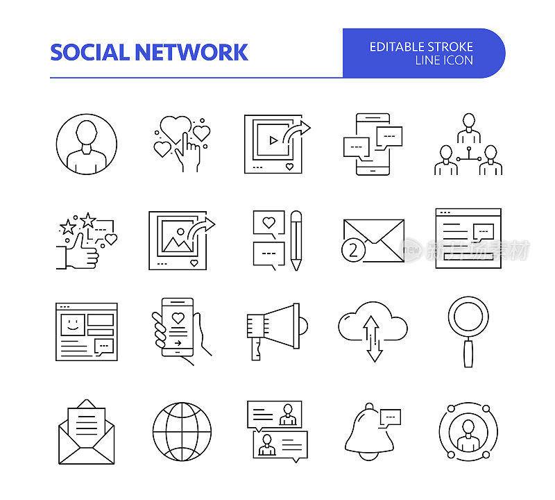 社交网络相关线向量图标集。可编辑的中风。社交媒体，联系，分享，营销。