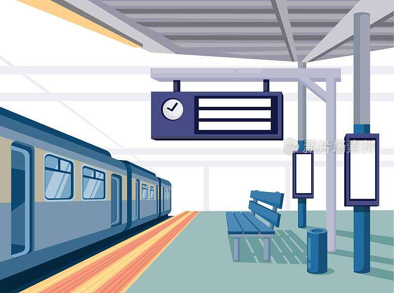 火车站与广告牌和横幅灯箱场景插图模板编辑矢量