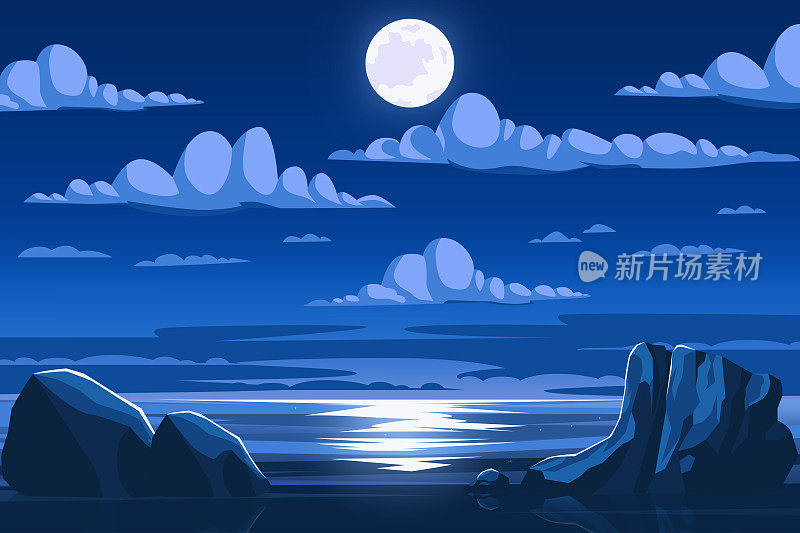 海上海洋风景在夜晚与满月和云的背景矢量插图