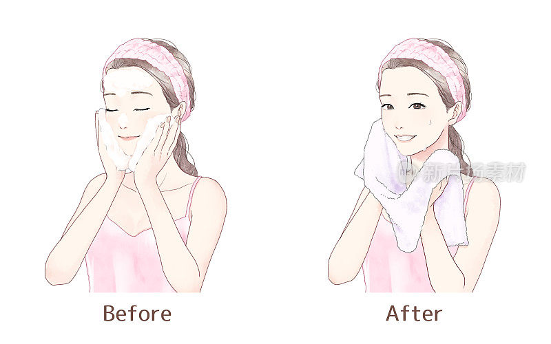 一组妇女洗脸的插图。