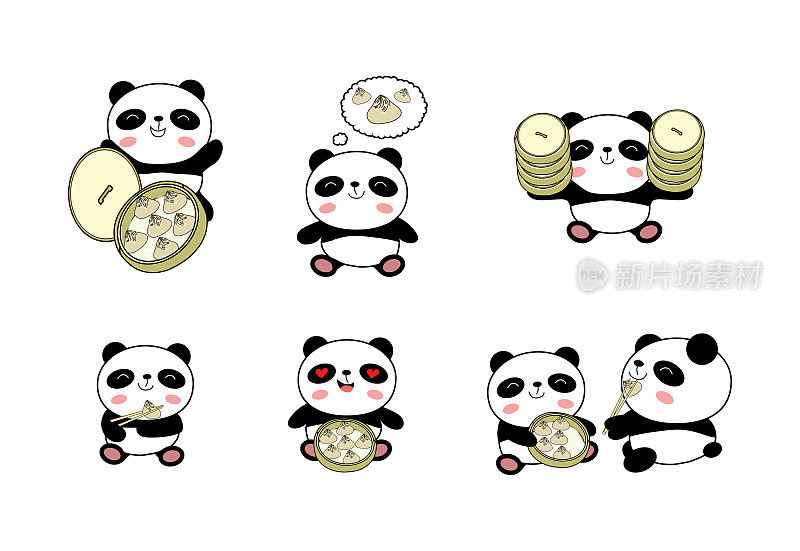 套装熊猫宝宝与小笼包饺子矢量插图