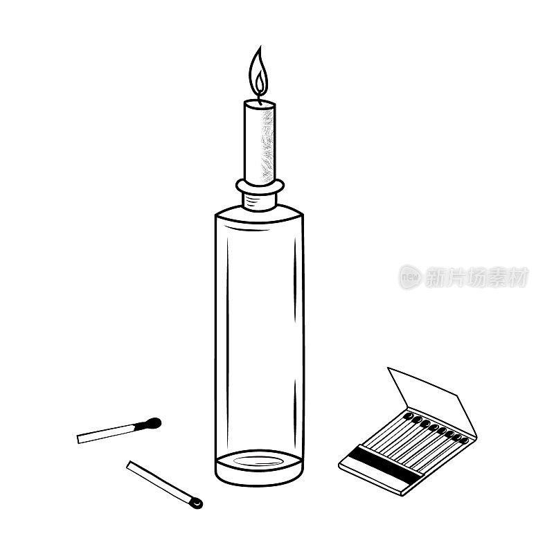 股票矢量黑白手绘插图点燃蜡烛在玻璃瓶和火柴