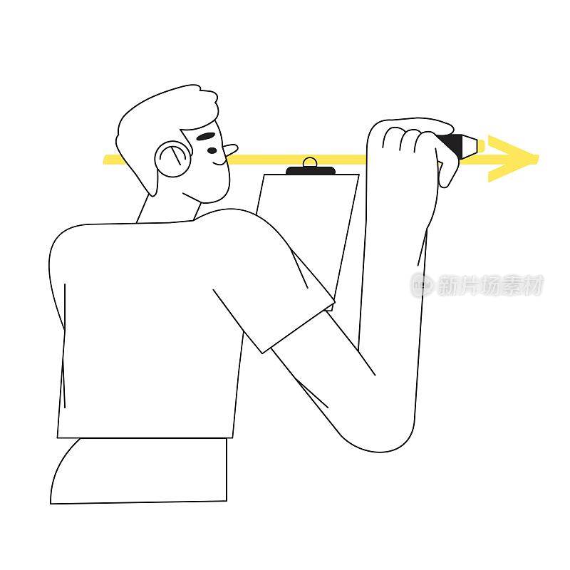 用记号笔、钢笔或荧光笔画方向箭头。手持笔记本电脑的男性角色用毛笔在白板上强调重要信息。线条风格的商业课程说明。