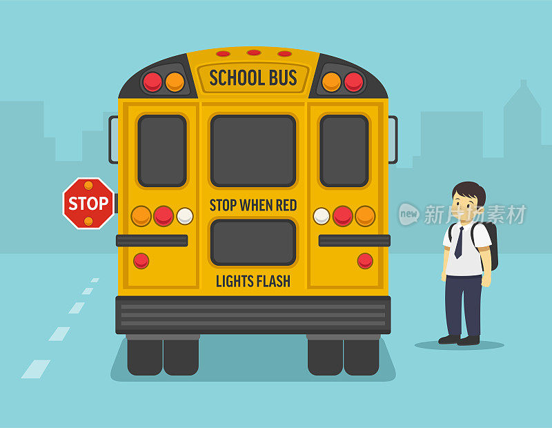 坐黄色校车去上学。城市道路上一辆黄色公共汽车的后视图。小学生要上公交车了。