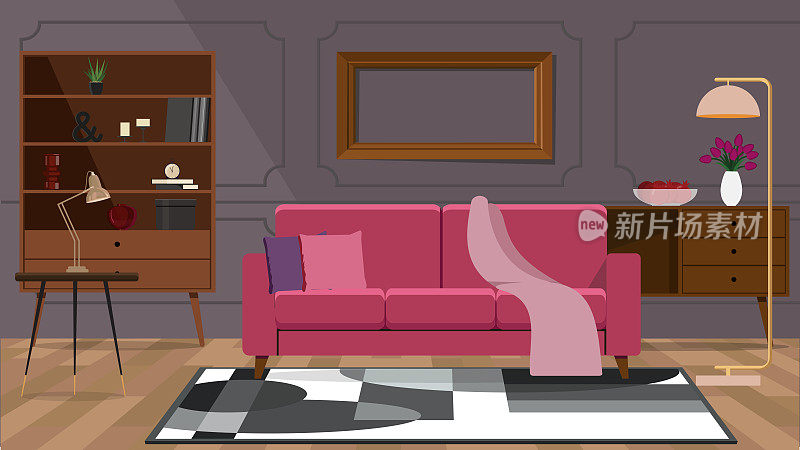 粉色沙发插画，枕头和毯子，复古橱柜在迷人的客厅内部的背景。